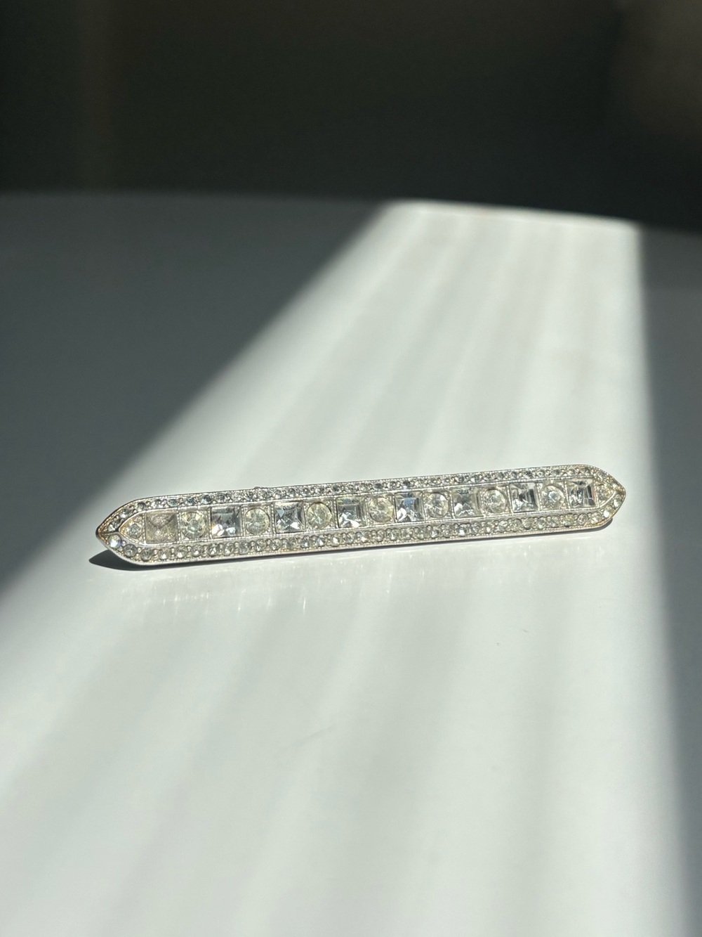 Vintage Silver Clear Rhinestone Bar Brooch
